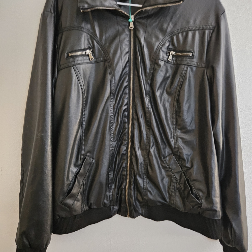 Mens New Look Black Faux Leather Bomber Jacket Size 2x